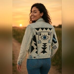 Custom Levi's Handpainted Light Wash Denim Jacket Evil eye-Tribal-Abstract Art